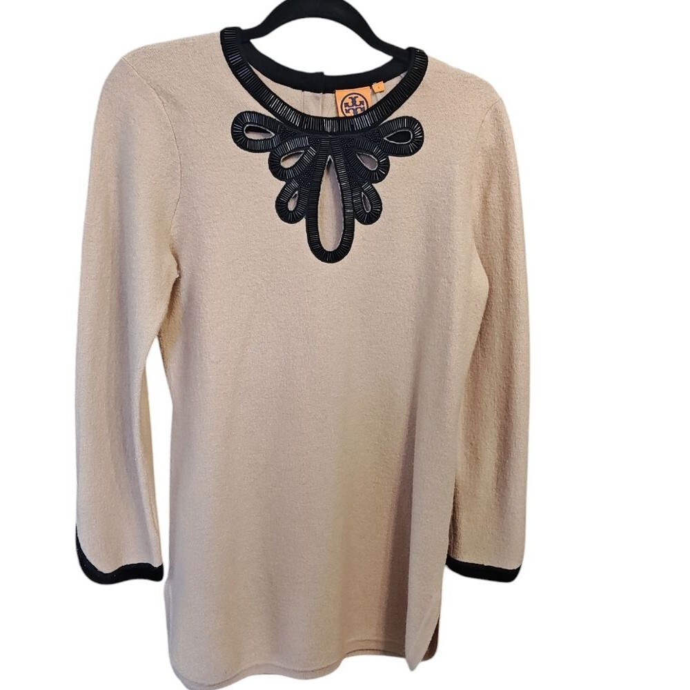 Tory Burch Wool Felt Beaded Embellished Collar Trim Pullover Sweater Beige Black
